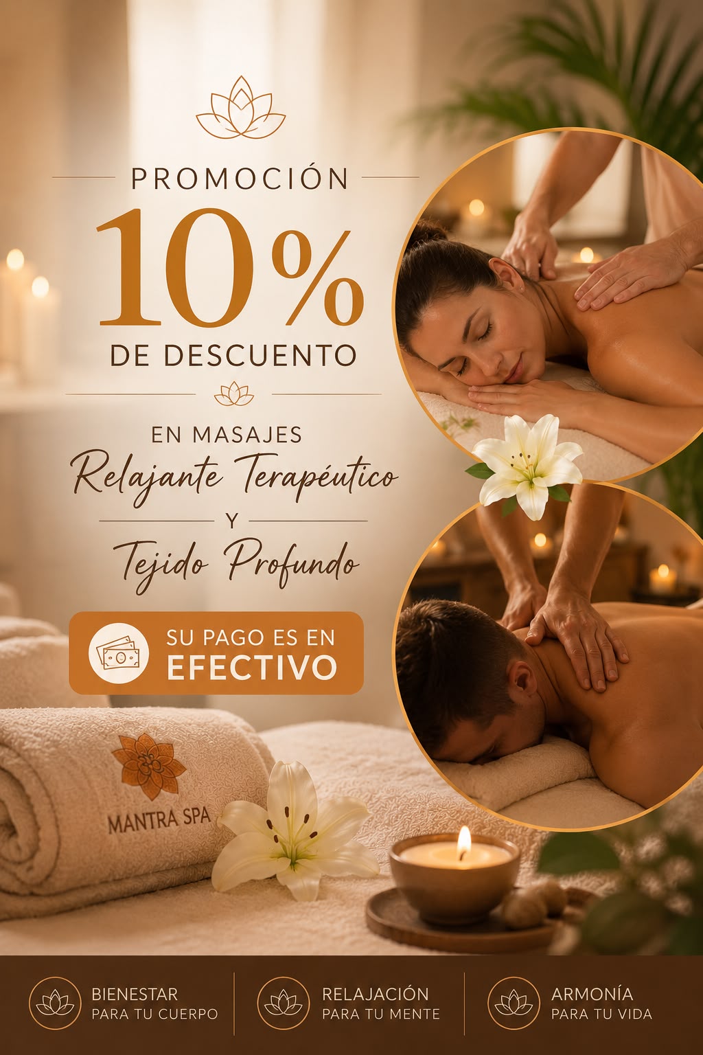 10% descuento en masaje Relajante, Terapeutico o de Tejido Profundo pagando en efectivo